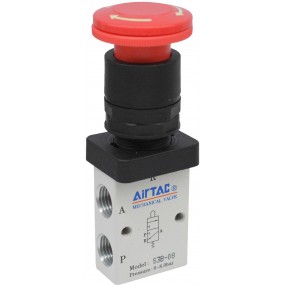 Distribuitor 3/2 seria S3 G1/4 actionare cu buton tip ciuperca, cu blocare, culoare rosie