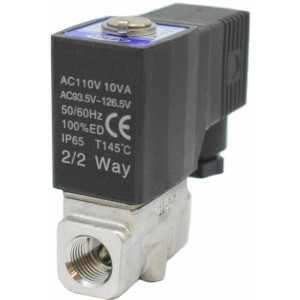 Vana control fluide din inox 20 bar apa/aer/ulei/abur normal inchisa 1/4" cu bobina si conector - 110VAC