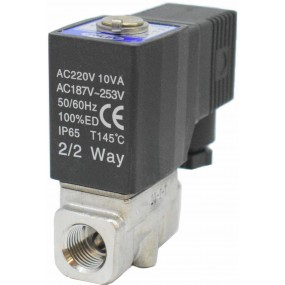 Vana control fluide din inox 20 bar apa/aer/ulei/abur normal inchisa 1/4" cu bobina si conector - 220VAC