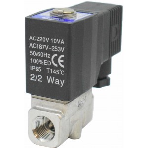Vana control fluide din inox 20 bar apa/aer/ulei/abur normal inchisa 1/4" cu bobina si conector - 220VAC