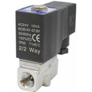 Vana control fluide din inox 20 bar apa/aer/ulei/abur normal inchisa 1/4" cu bobina si conector - 24VAC