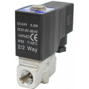 Vana control fluide din inox apa/aer/ulei normal inchisa 1/4" cu bobina si conector - 24VDC