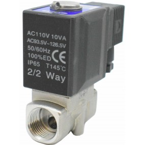 Vana control fluide din inox apa/aer/ulei/abur normal inchisa 1/2" cu bobina si conector - 110VAC