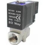 Vana control fluide din inox 20 bar apa/aer/ulei/abur normal inchisa 1/2" cu bobina si conector - 12VDC