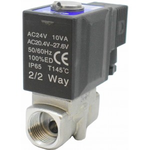 Vana control fluide din inox 20 bar apa/aer/ulei/abur normal inchisa 1/2" cu bobina si conector - 24VAC