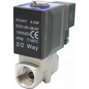 Vana control fluide din inox 20 bar apa/aer/ulei/abur normal inchisa 1/2" cu bobina si conector - 24VDC